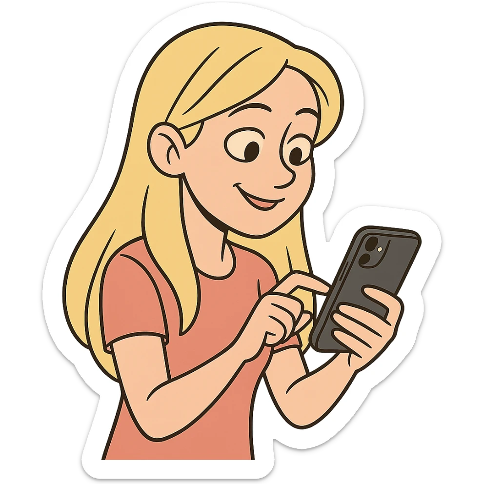 blonde girl with long hair typing message on iPhone, cartoon style, slight smile, light background, no text sticker