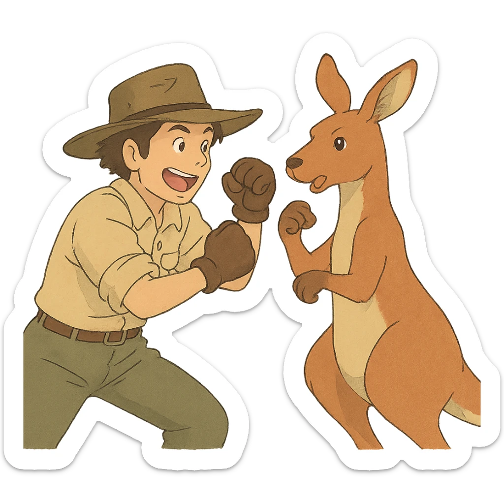 ghibli style illustration of a man with an Australian hat in a playful fight with a kangaroo sticker
