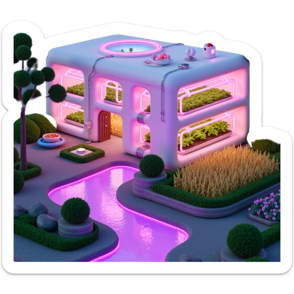 Exterior view of a futuristic hydroponic farm with glowing neon pipes and transparent water channels, sleek buildings shaped like nutrient tanks, vegetables and wheat growing in vertical layers, surreal atmosphere, emoji-style sticker