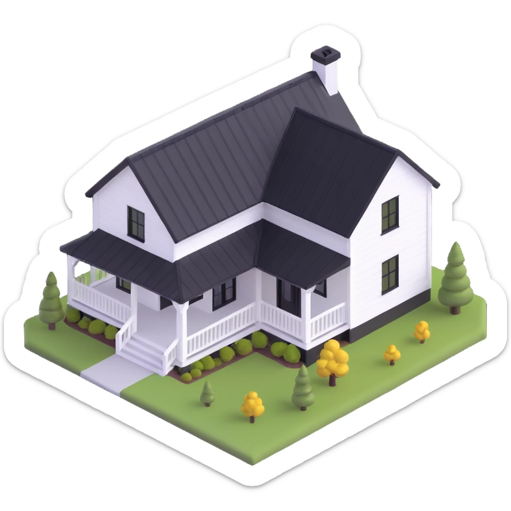 modern farmhouse with white siding, black roof and black trim, isometric sticker