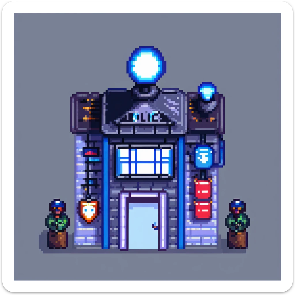 pixel art city police station with flashing lights and police sign sticker