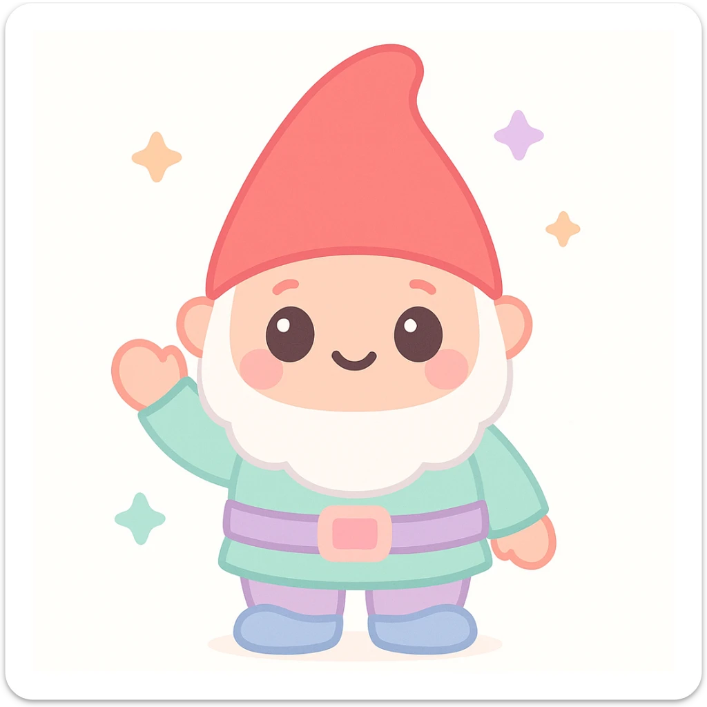 cute garden gnome, waving, red hat, kawaii style, adorable, colorful, charming sticker