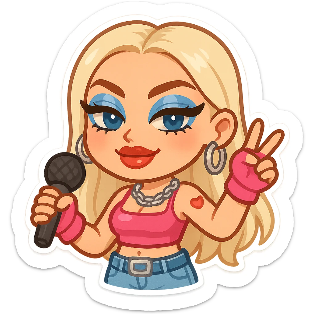 Slayyyter pop star emoji, bold makeup, platinum blonde hair, Y2K fashion, confident expression, vibrant colors sticker