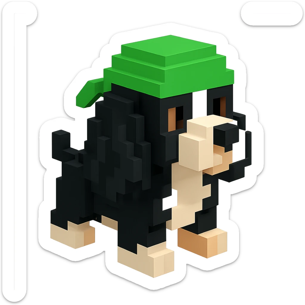 A black and white Russian Cocker Spaniel puppy wearing a green durag, voxel style, facing right sticker