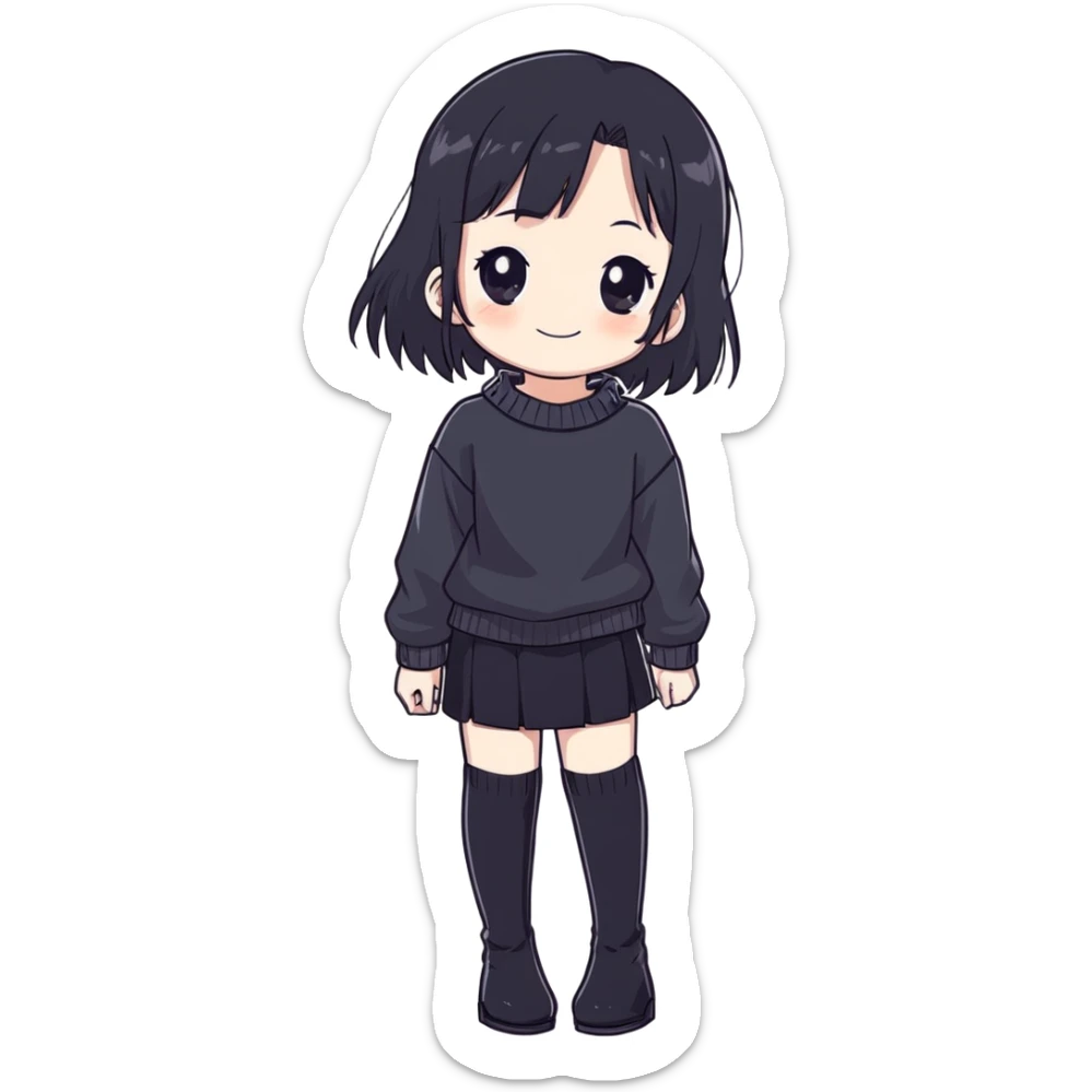Anime girl black hair black eyes pale skin black sweater black skirt white tights transparent black high boots, who smiles and a little washed out style sticker