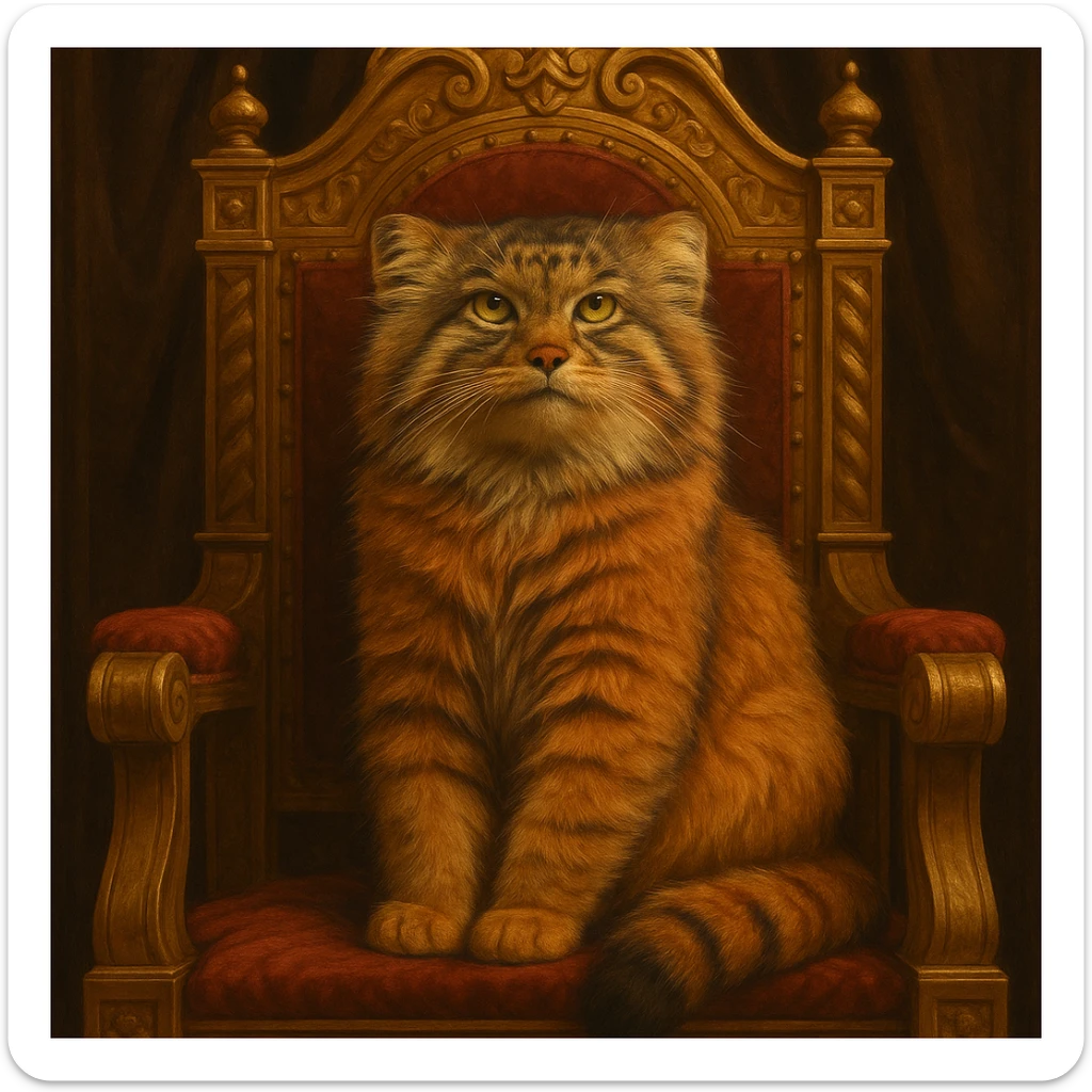 A brown-orange Pallas's cat (Manul) sitting on a royal throne, looking majestic sticker