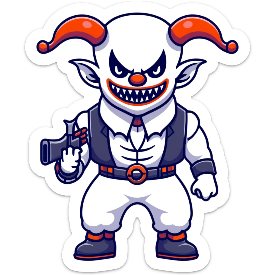 full-body muscular demonic clown, battle-ready, black and white leisure suit with bellbottom pants, bald, black ram horns, flashy black and white belt, ruffled white shirt, no neck tie, large fangs, holding very large futuristic rifle sticker