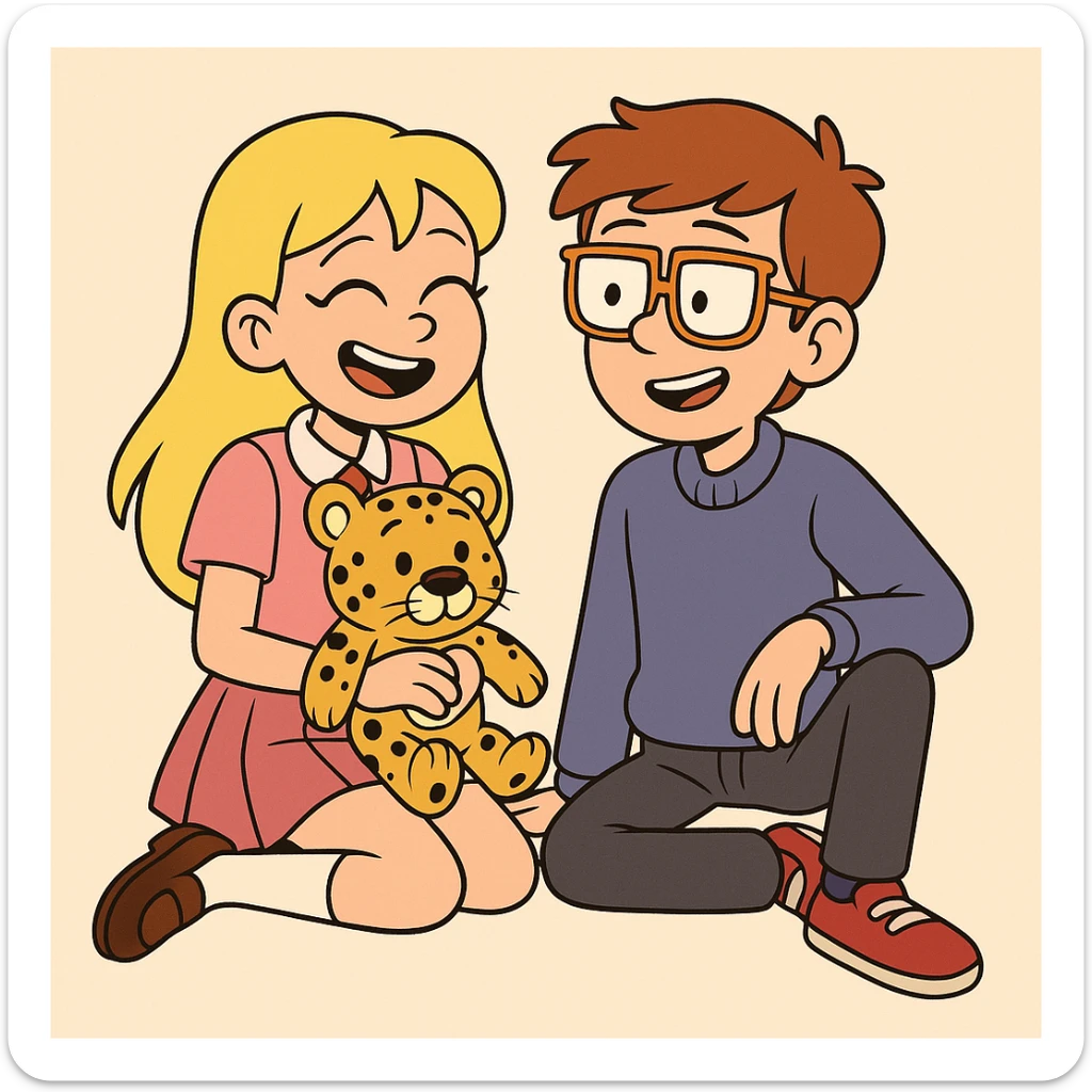 A Girl yellow hair Baby dresses pink school uniform white knee highs sock brown loafer girls shoes plushie Cheetah a boy orange glasses with shirt pjumper purple a pink red tie shoe sticker