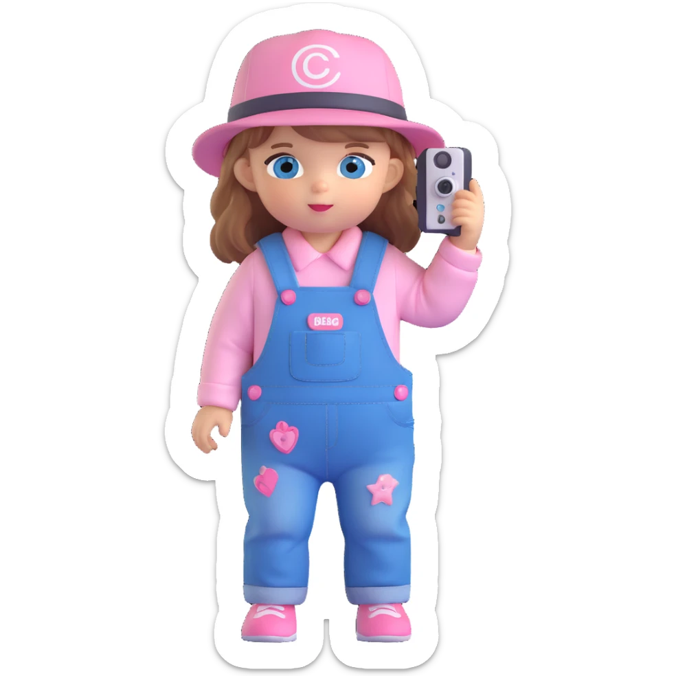 3D cartoon character design of a cute baby girl with golden brown hair, big blue eyes, pink blush, wearing denim overalls with the word 'cute' printed on her clothes, a cute hat, big head and small body, holding a camera, back view sticker