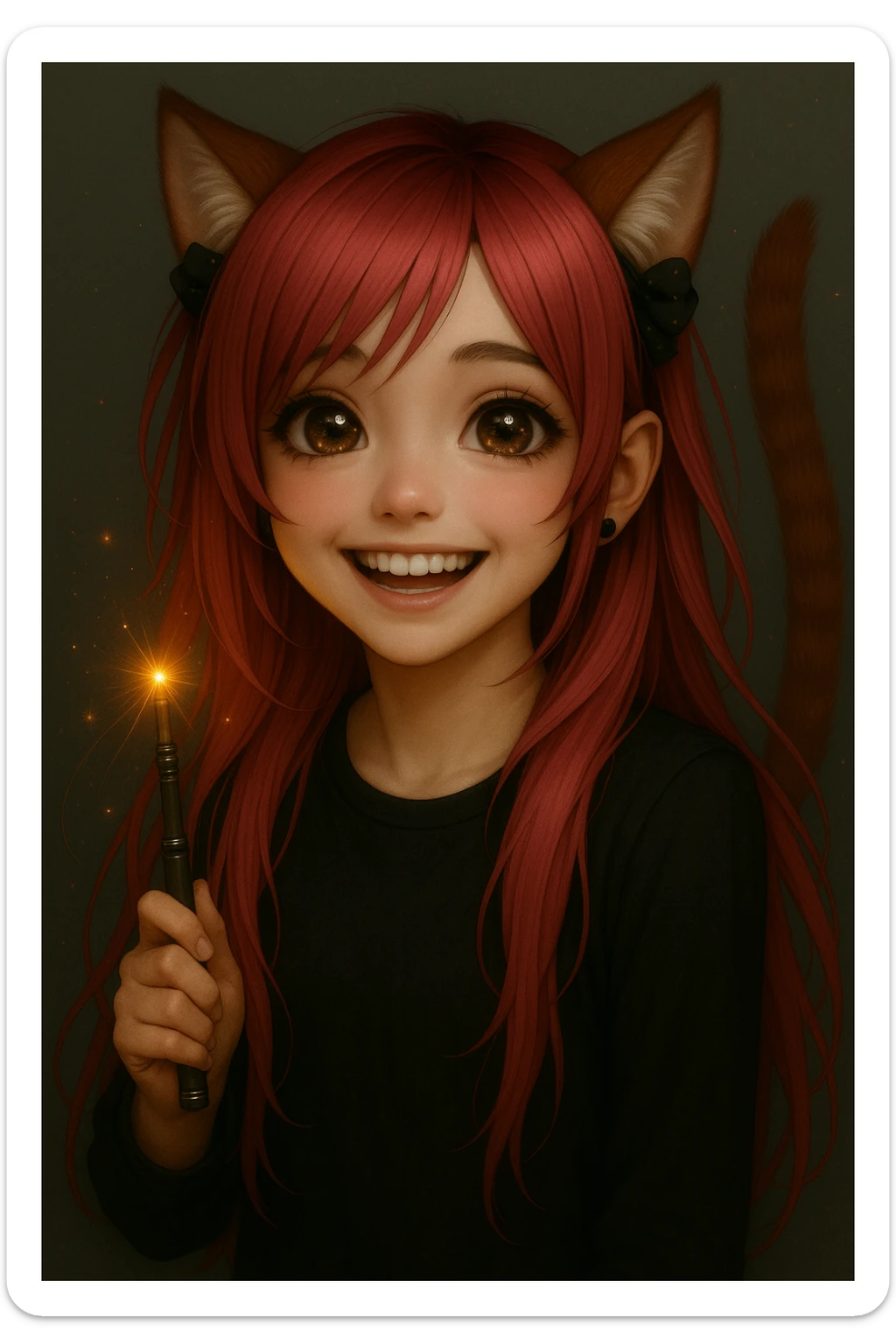 Enhance the facial expression to be even happier with a big bright smile and sparkling eyes. Maintain the emo style, pink hair, magical accessory, and sparkles in a realistic anime style. sticker