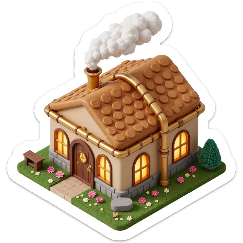 Exterior of a luxurious cookie factory with shiny golden pipes covering the walls and roof, steam clouds rising from vents, glowing windows sticker