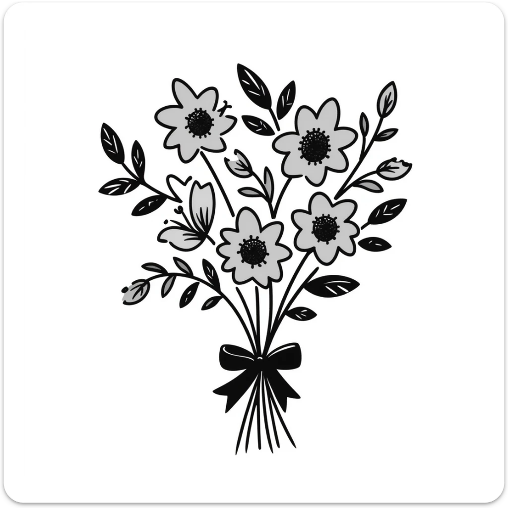 A beautiful bouquet of mixed flowers with ribbon in pastel colors (dd9fb0, ffc6d3, a3bfc9, c4bee2, f1b091), hand-drawn doodle style sticker