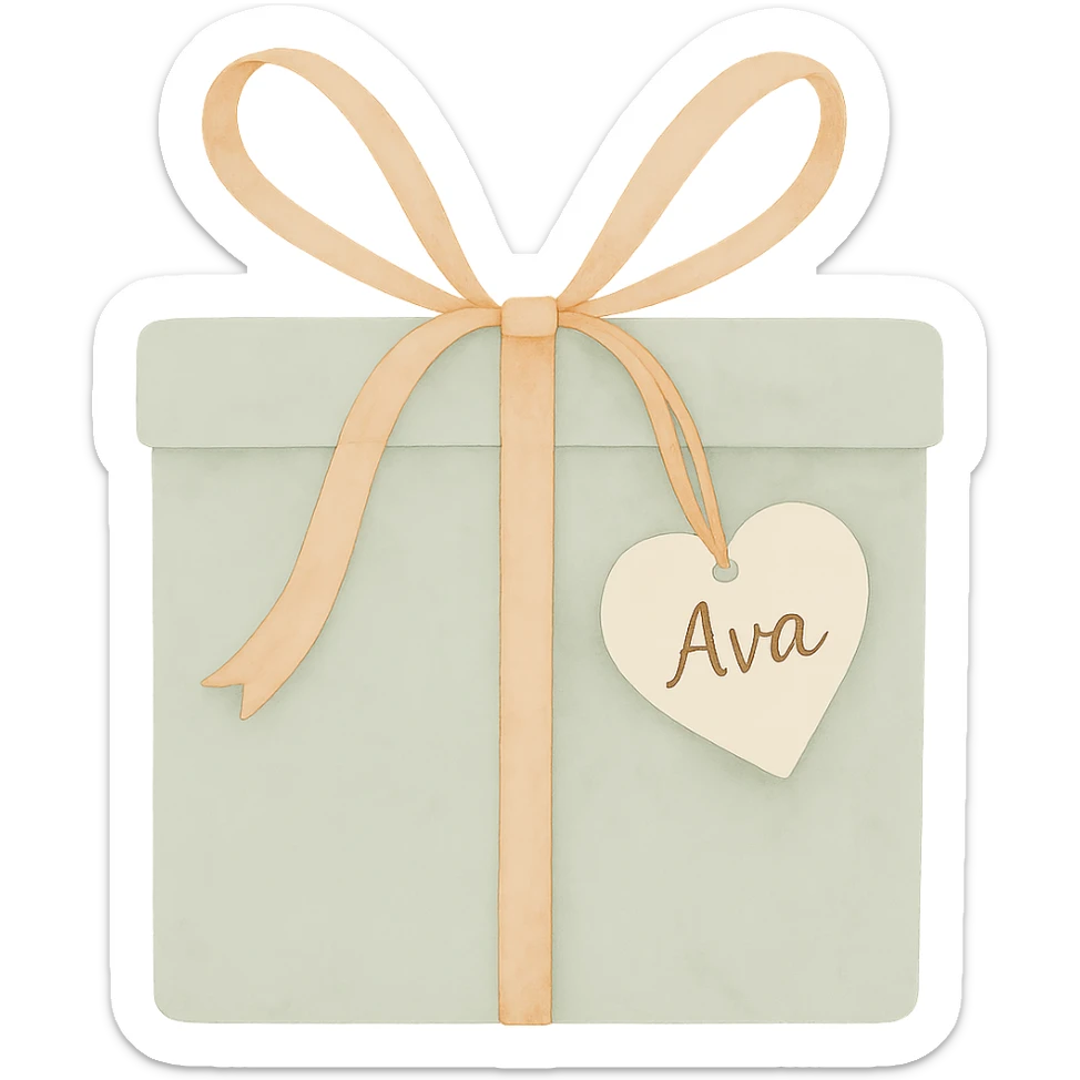 Add the name 'Ava' to the heart-shaped gift tag in the same watercolor art style, with no background. sticker