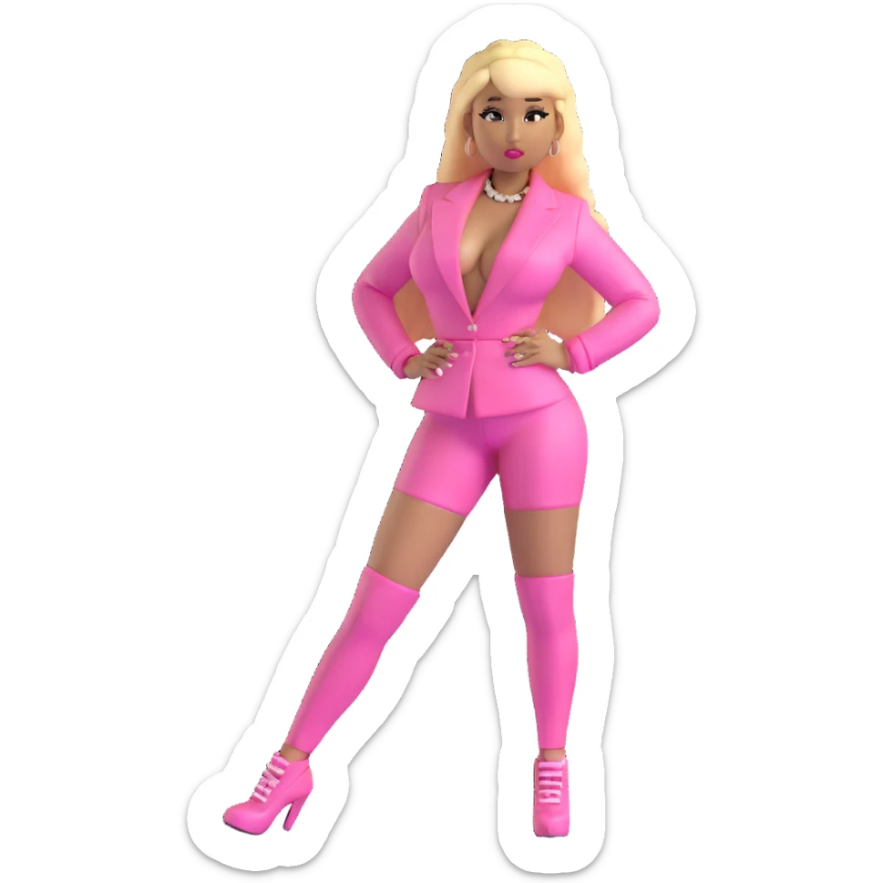 Nicki Minaj wearing a pink outfit with hair that is half blonde and half pink sticker