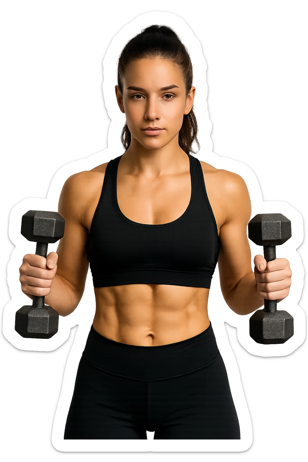 donna fitness in forma con manubri da palestra in mano, isolata su sfondo bianco sticker