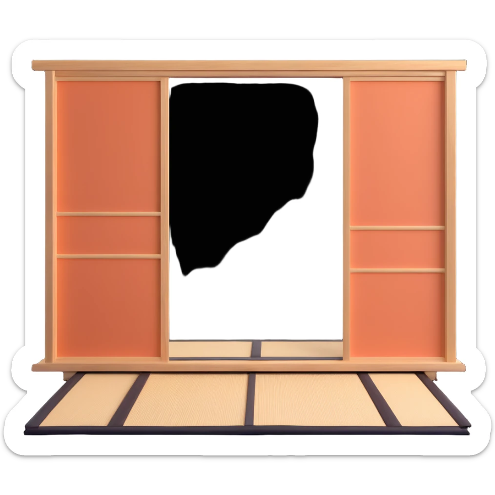 traditional Japanese house with wooden structure, sliding shoji doors, and tatami mat flooring sticker