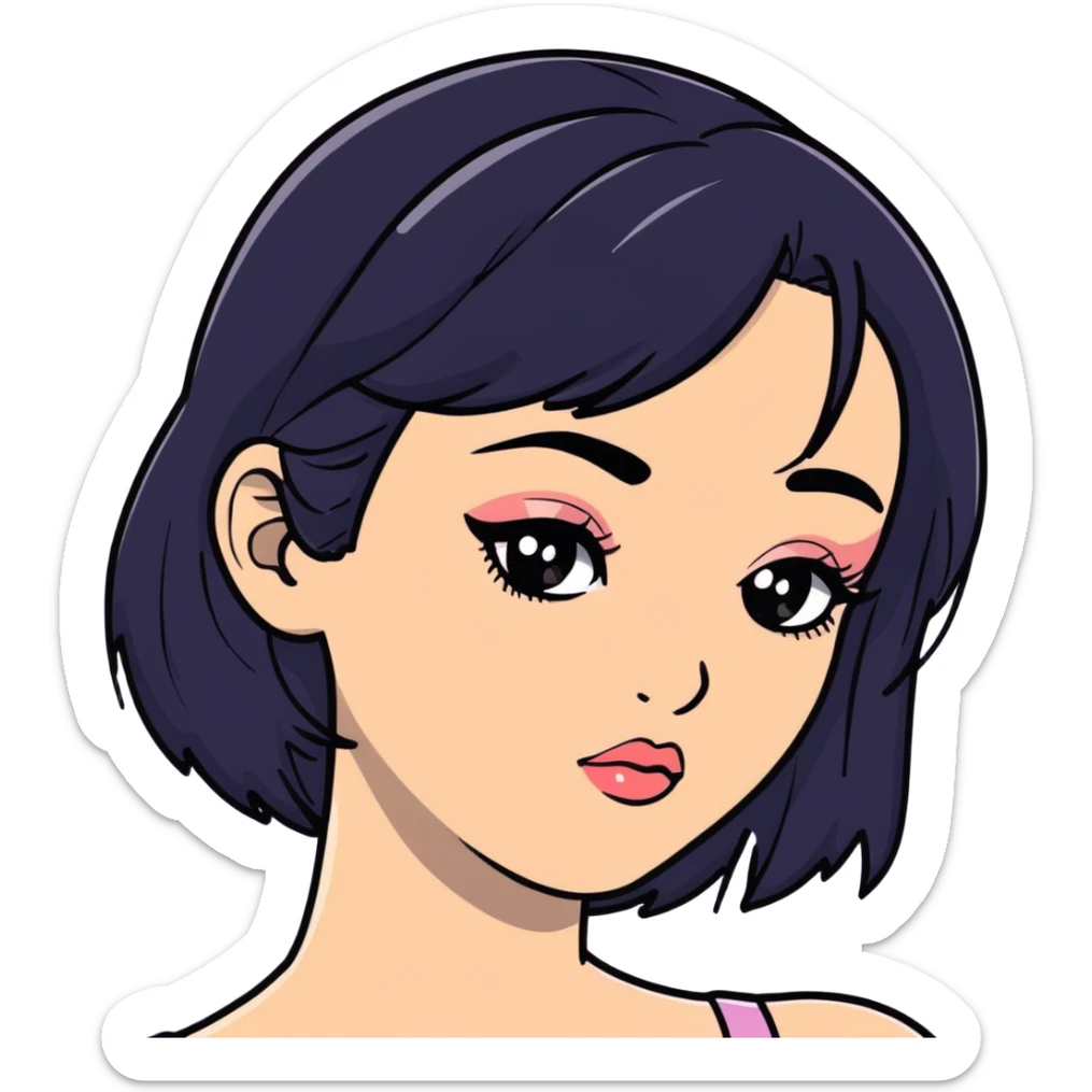 pretty girl with black hair, fair skin, makeup, and eyeliner sticker