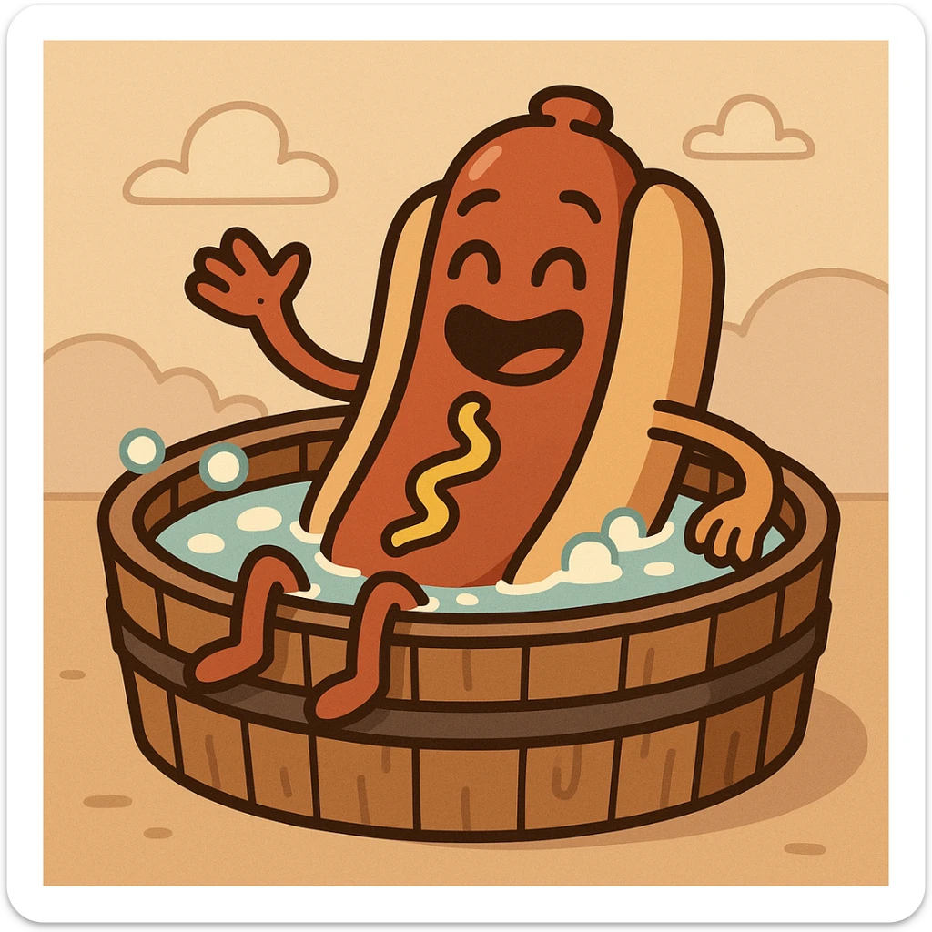adorable hotdog with arms and legs enjoying a hot tub, cheerful cartoon illustration sticker