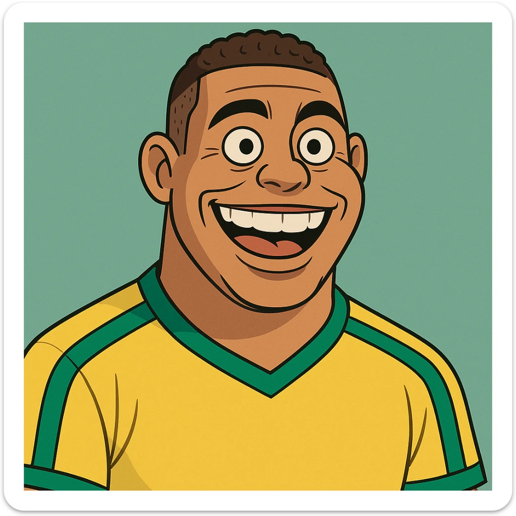 cartoon illustration of Ronaldo Fenômeno, close-up portrait, big smile, Brazil colors sticker