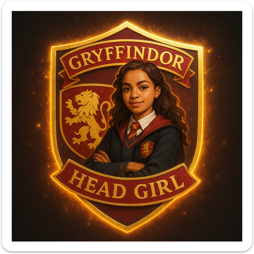 A badge for the head girl of Gryffindor, featuring a confident young witch in Gryffindor robes, a lion icon, and the house's signature red and gold colors, with a magical glow. sticker