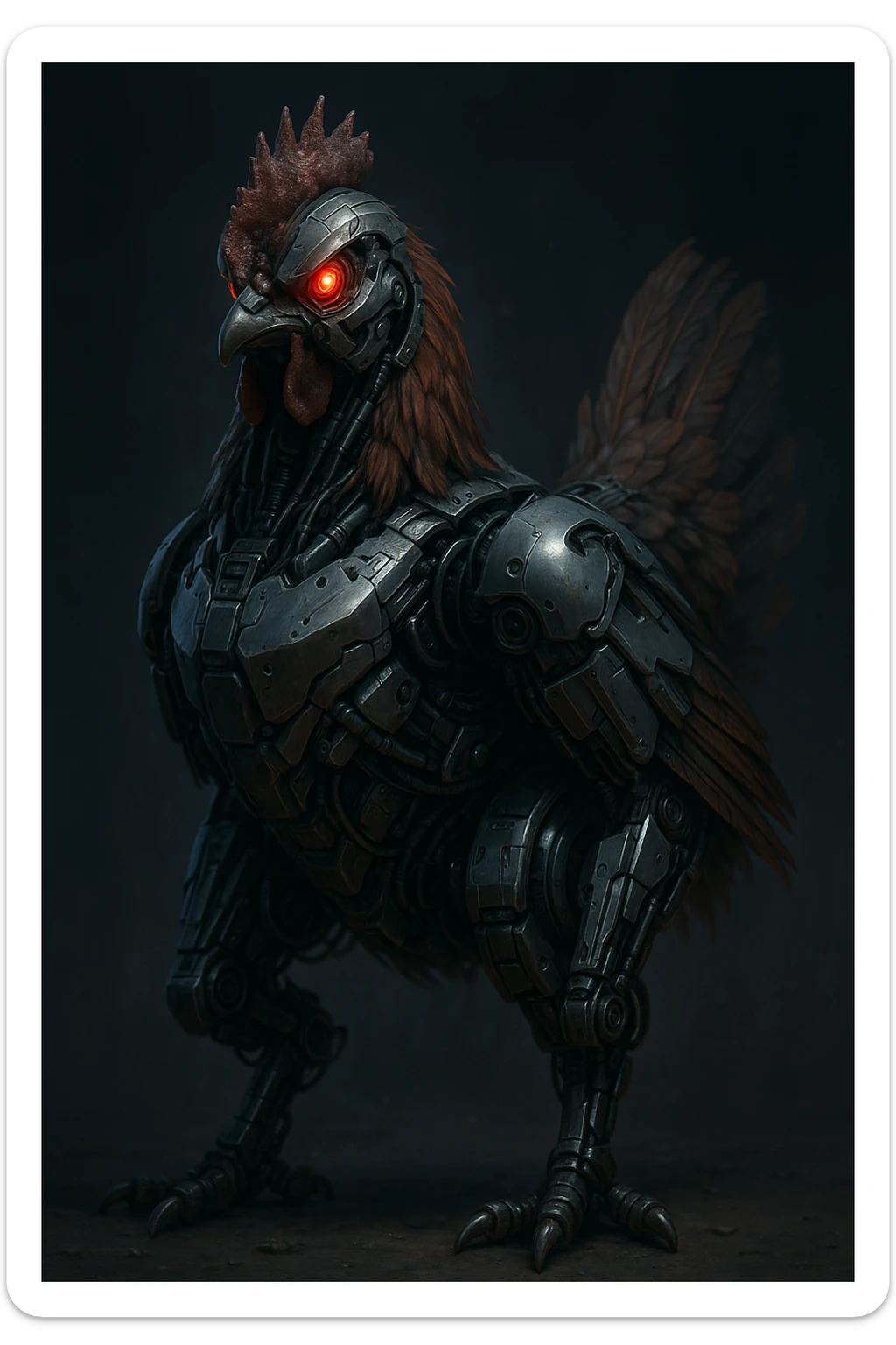 a cyborg chicken with glowing red eyes, metallic body parts, and a menacing look sticker