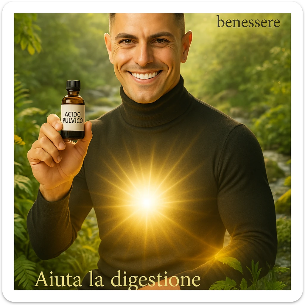 Uomo con viso del riferimento che mostra una boccetta con etichetta 'acido fulvico', ambiente naturale e luminoso, energia luminosa visibile su addome e pelle, elementi di natura come piante e acqua, atmosfera benessere, testo in italiano. sticker