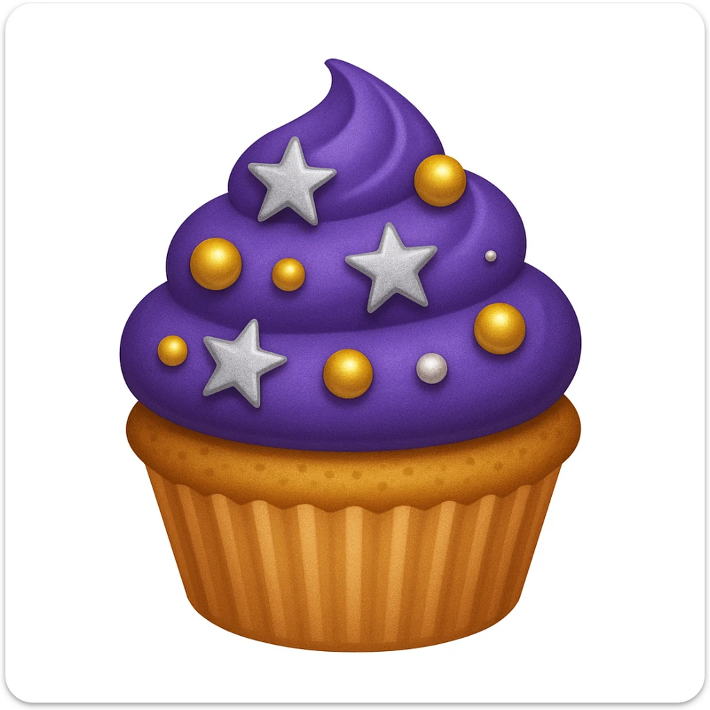 Add silver stars and a tiny edible pearl to the cupcake with purple frosting and gold pearls in emoji style. sticker