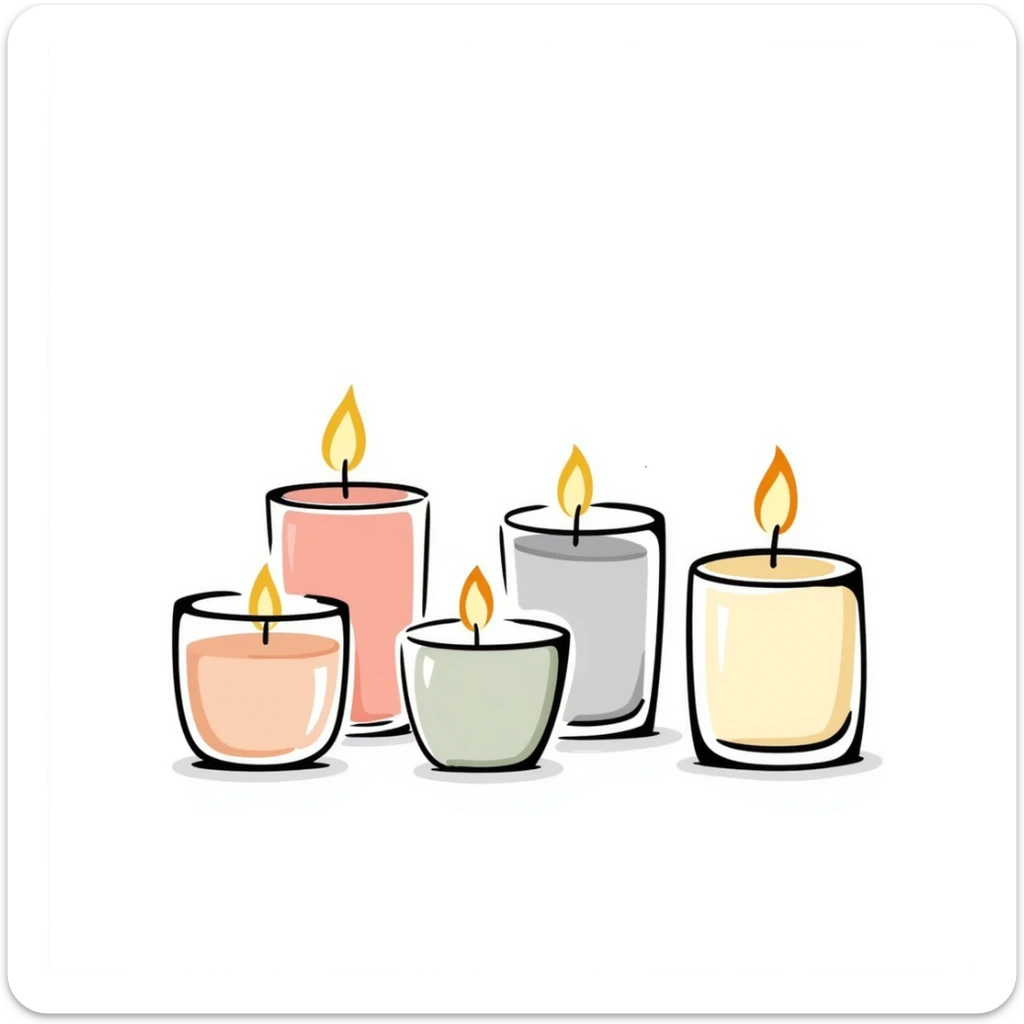 candles in glass holders, some lit with gentle flames, pastel colors dd9fb0 ffc6d3 a3bfc9 c4bee2 f1b091, detailed hand-drawn doodle style sticker