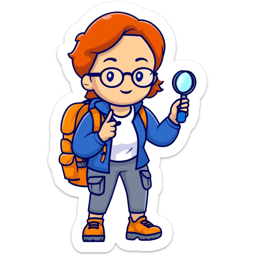 Colorful woman explorer in her 40s with glasses, dark blue and white hiking clothes, backpack, holding magnifying glass sticker