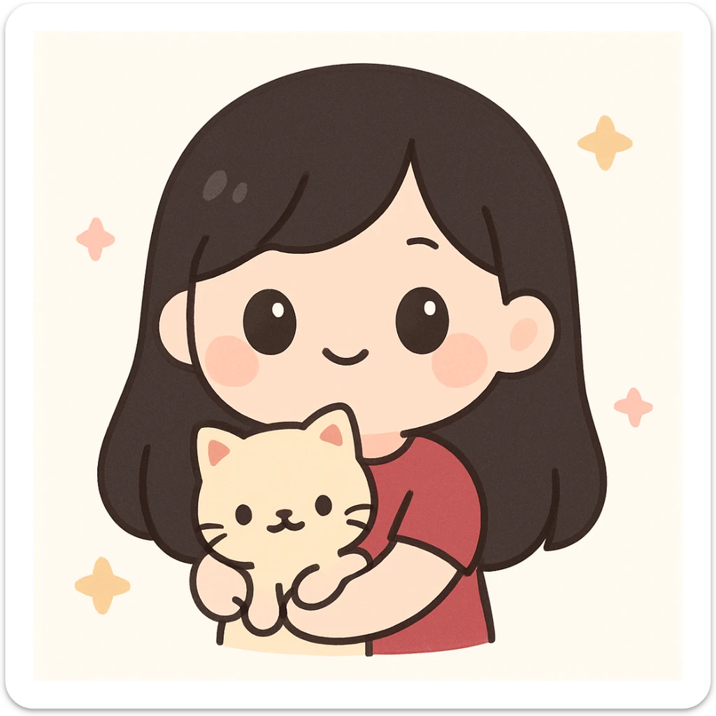 adorable girl with long black hair, maroon shirt, carrying a cat, kawaii style sticker
