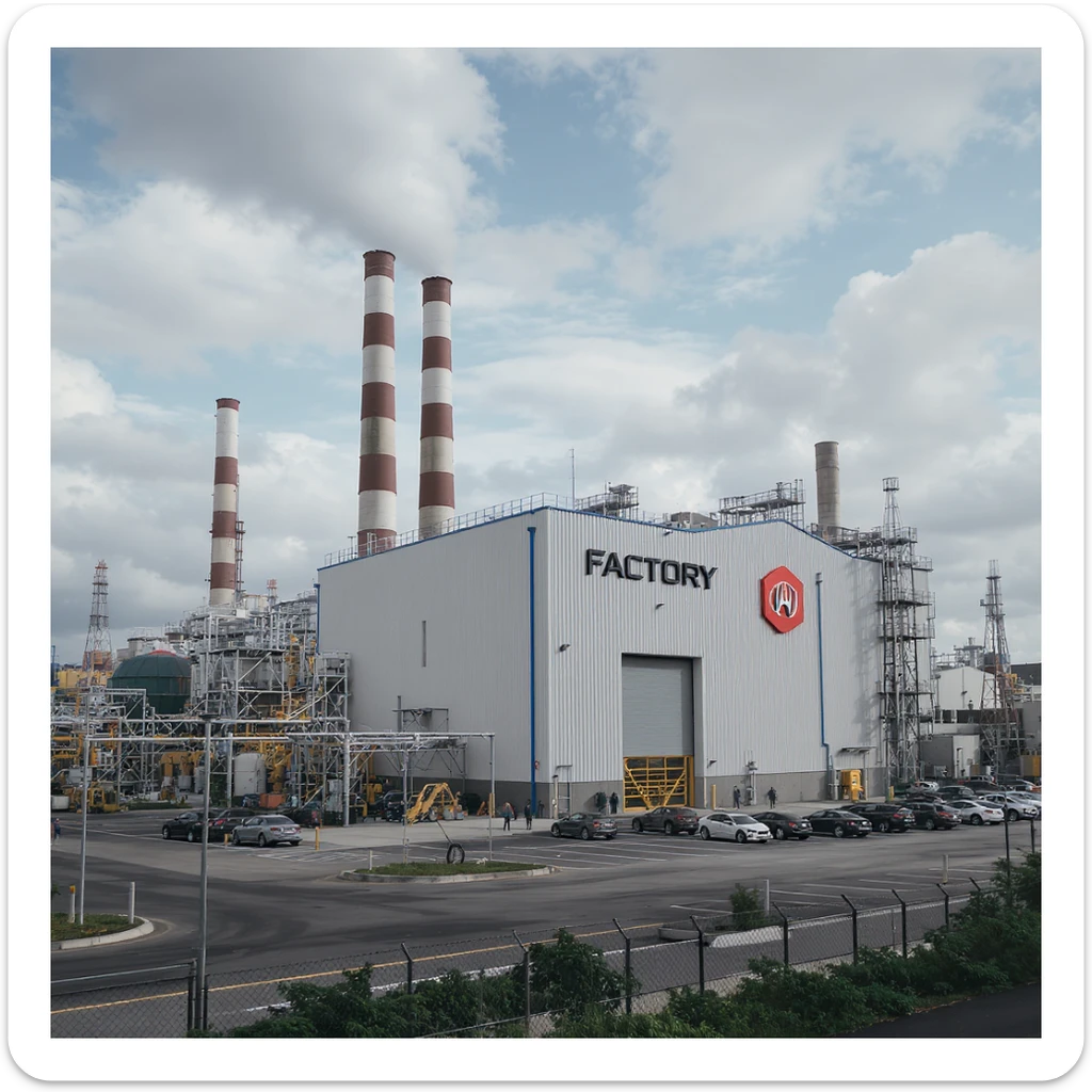 Realistic car factory exterior, large industrial building with smokestacks, parking lots filled with cars, factory grounds with machinery and equipment, realistic lighting and shadows, industrial atmosphere, workers in uniforms walking around, company logo on the building sticker