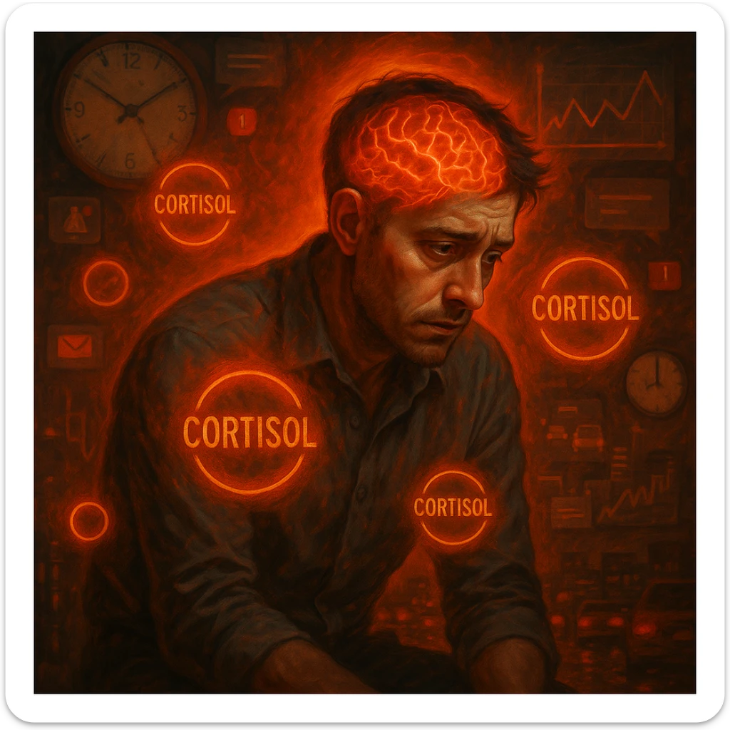 symbolic surrealism, semi-realistic; man in his 30s, tired eyes, tense muscles, hunched, surrounded by glowing 'Cortisol' symbols, reddish-orange aura; chaotic background (clocks, notifications, traffic, charts); brain visible with red-orange neural activity; moody lighting, detailed face sticker