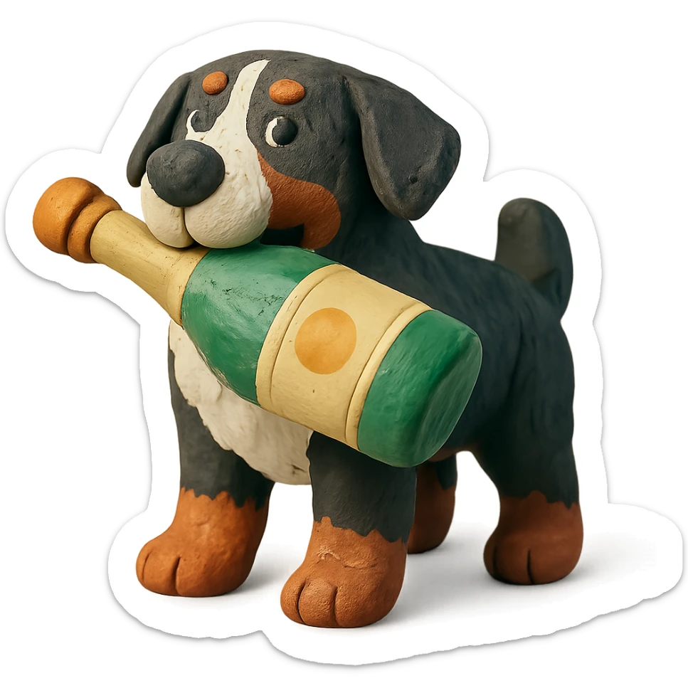 bernese mountain dog with a toy champagne bottle in its mouth, claymation style sticker