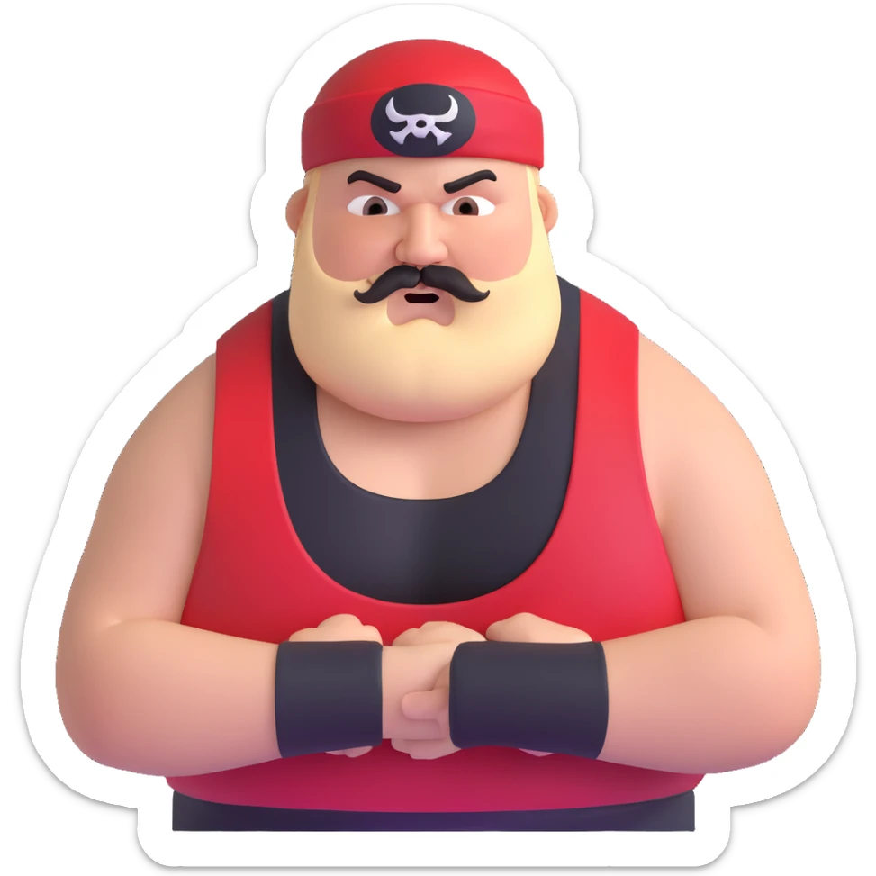 Close-up of extremely fat white skin guy with young face, beard and mustache, no muscle with prominent black durag, black eyes in a red and black wrestling singlet with angry face sticker