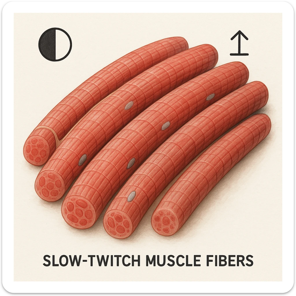 hyper realistic illustration of slow twitch muscle fibers, saturated appearance, low hypertrophy, cellular details, clinical atmosphere, natural colors, white background, symbols indicating saturation and limited growth sticker