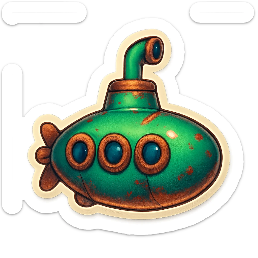 A submarine icon in a retro style, with a green body, rust details, and a vintage periscope on top. sticker