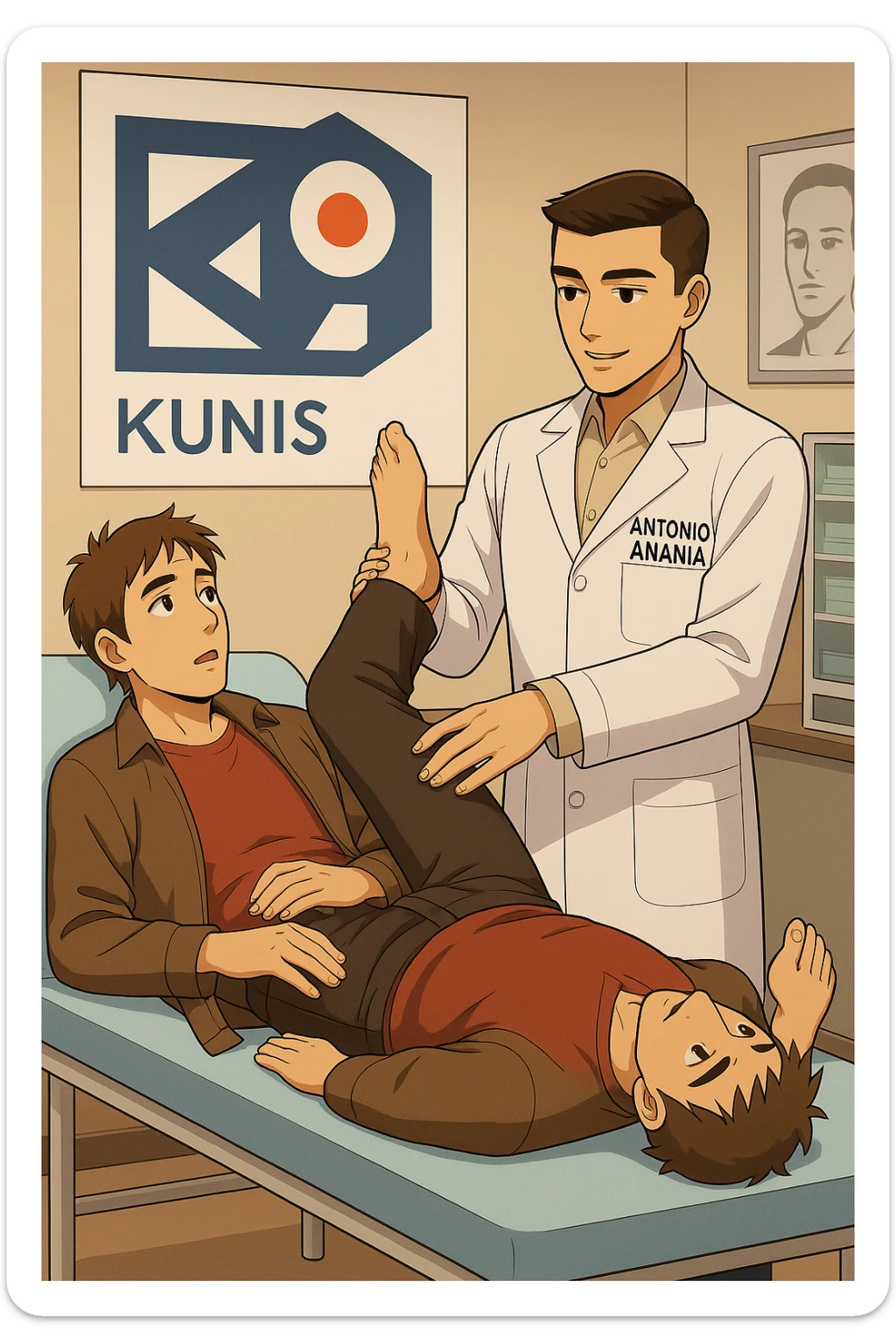 fai un webtoon manga a colori con questo stile, in cui un uomo è steso sul lettino medico e il kinesiologo con il camice bianco (fagli anche la scritta "ANTONIO ANANIA" SUL CAMICE, gli solleva una gamba per fargli il test neuromuscolare, IL KINESIOLOGO SPIEGA ALL'UOMO UNA cosa mentre gli alza la gamba. non fare i fumetti però, fai solo in modo che sembri stiano parlando, il lettino fai in modo che si veda tutto intero sticker
