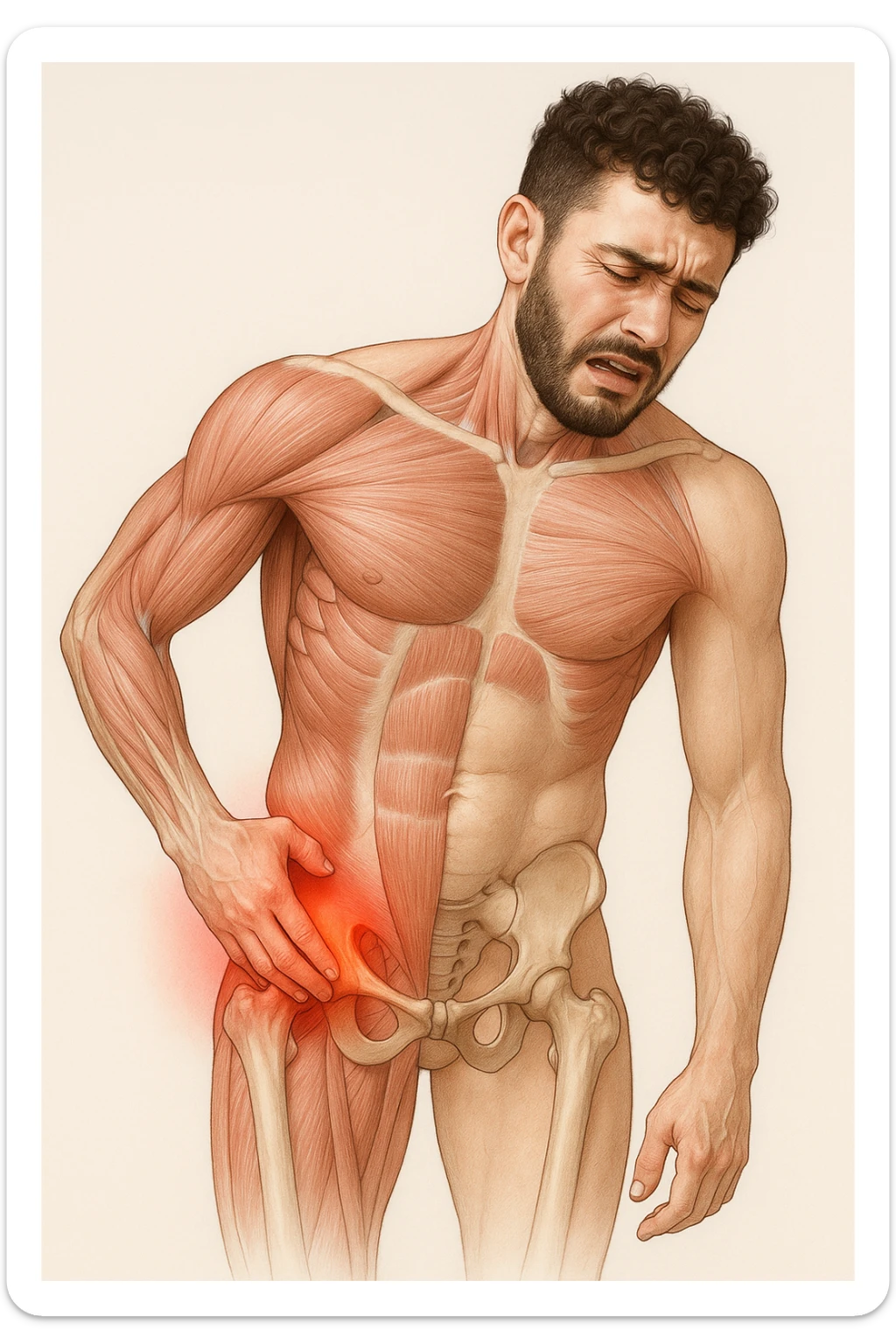 Uomo con dolore per via dei suoi fianchi asimmetrici vista anatomica immagine realistica in 3D sticker