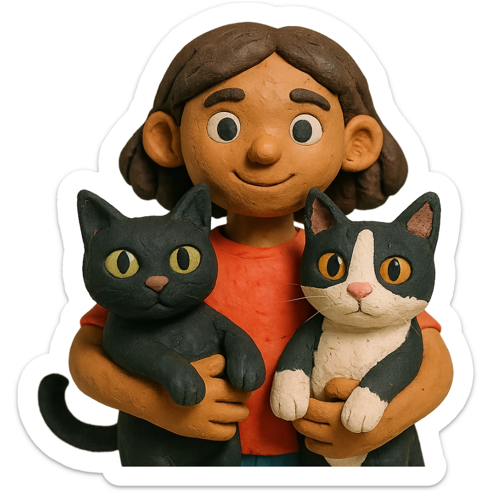 brown haired girl with light tan skin and brown eyes holding a black Bombay cat with green eyes and a black and white Tuxedo cat with hazel eyes sticker