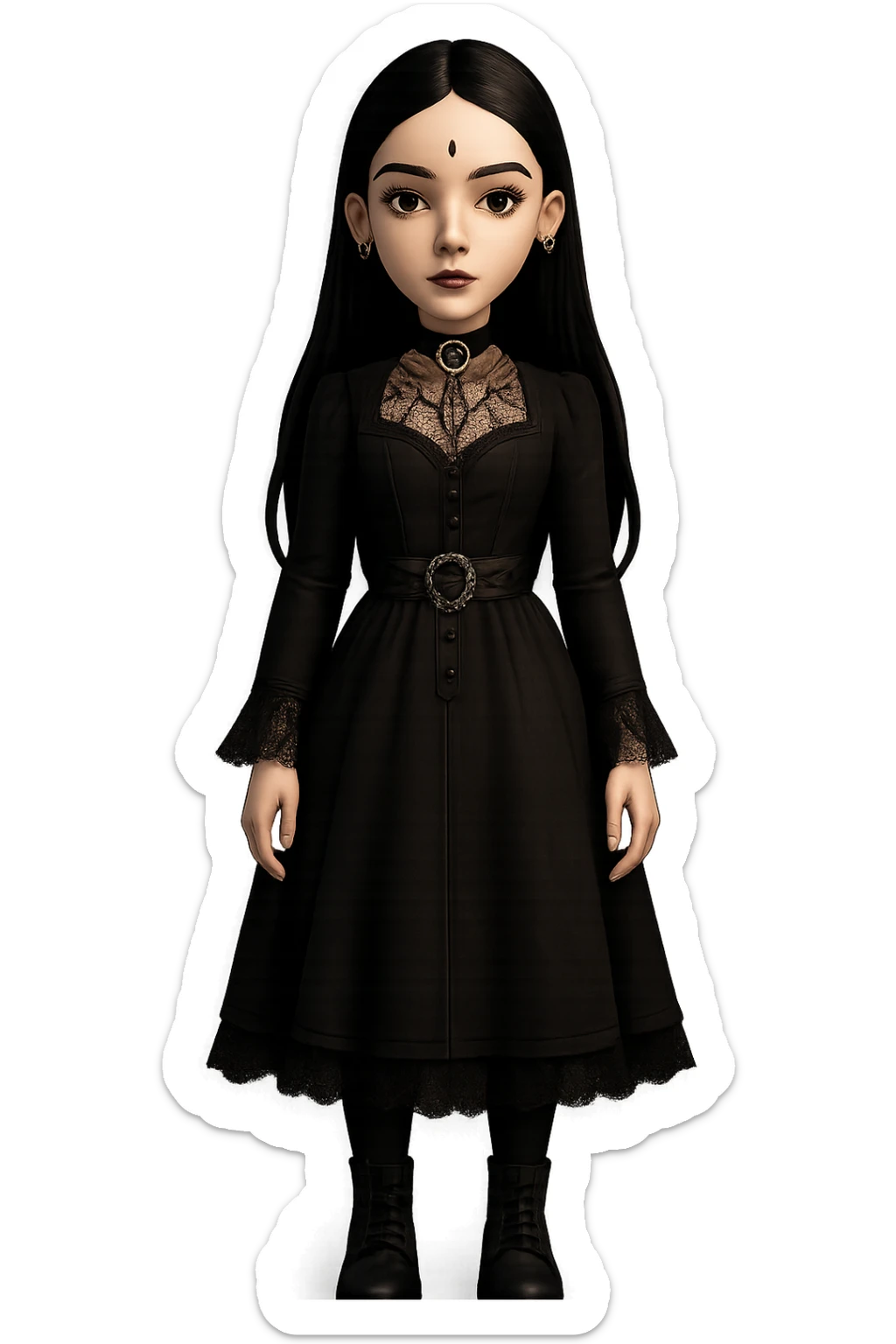 Make the woman more attractive with facial piercings, remove her fringe, dress her in gothic clothing, keep her pale skin and long straight black hair, standing still, with no background. sticker