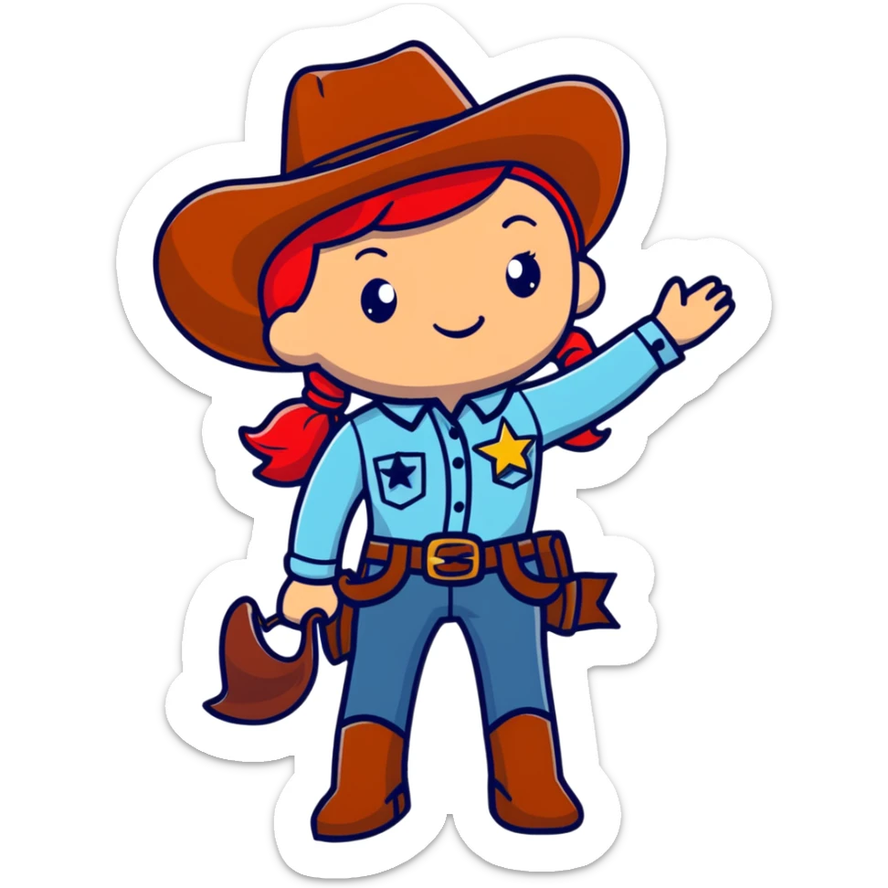 A cartoon stuffed cowgirl toy with freckles, red hair and a star-shaped badge sticker
