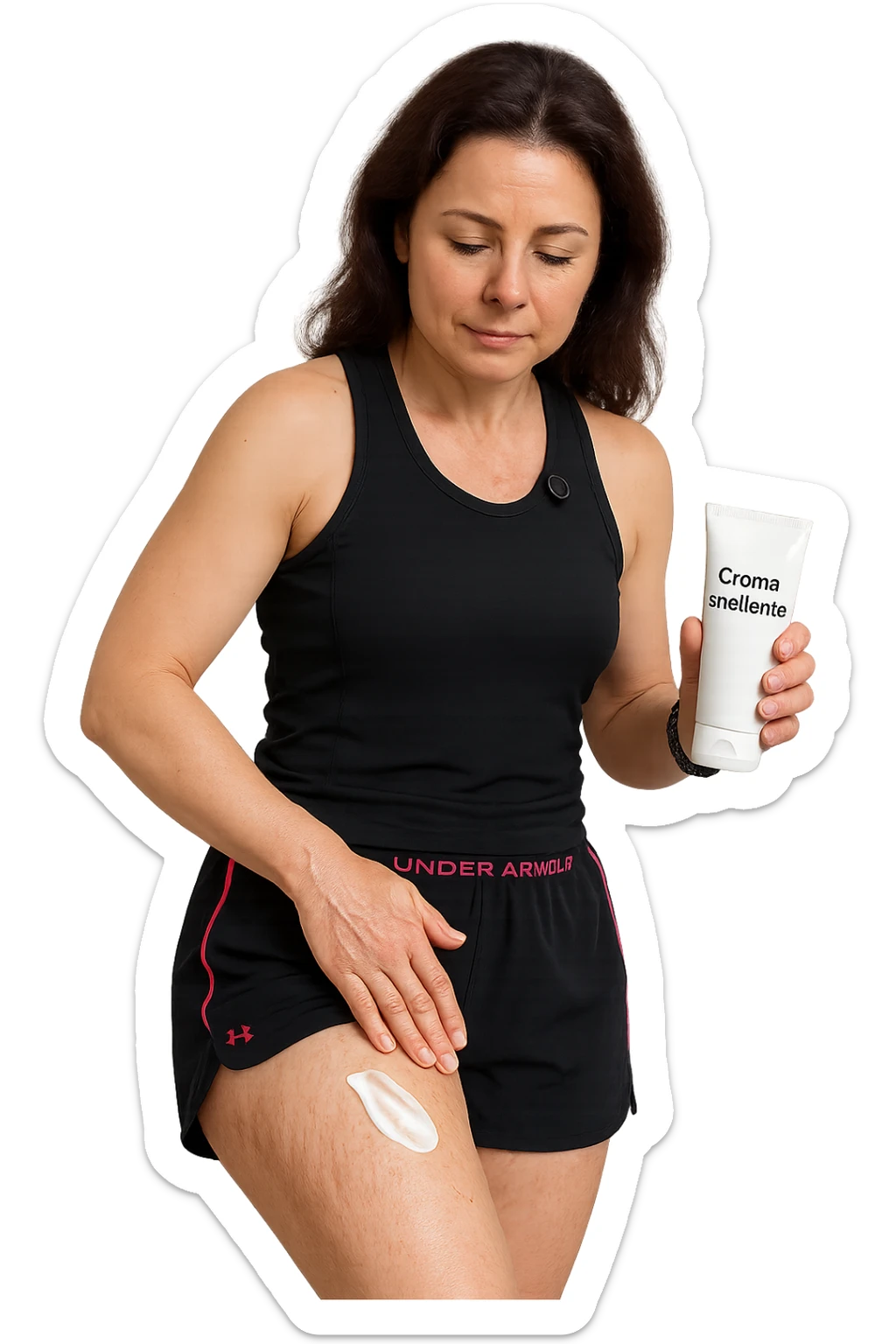 Donna con cellulite sulle cosce che usa una crema chiamata "Crema snellente" senza mano in alto sticker