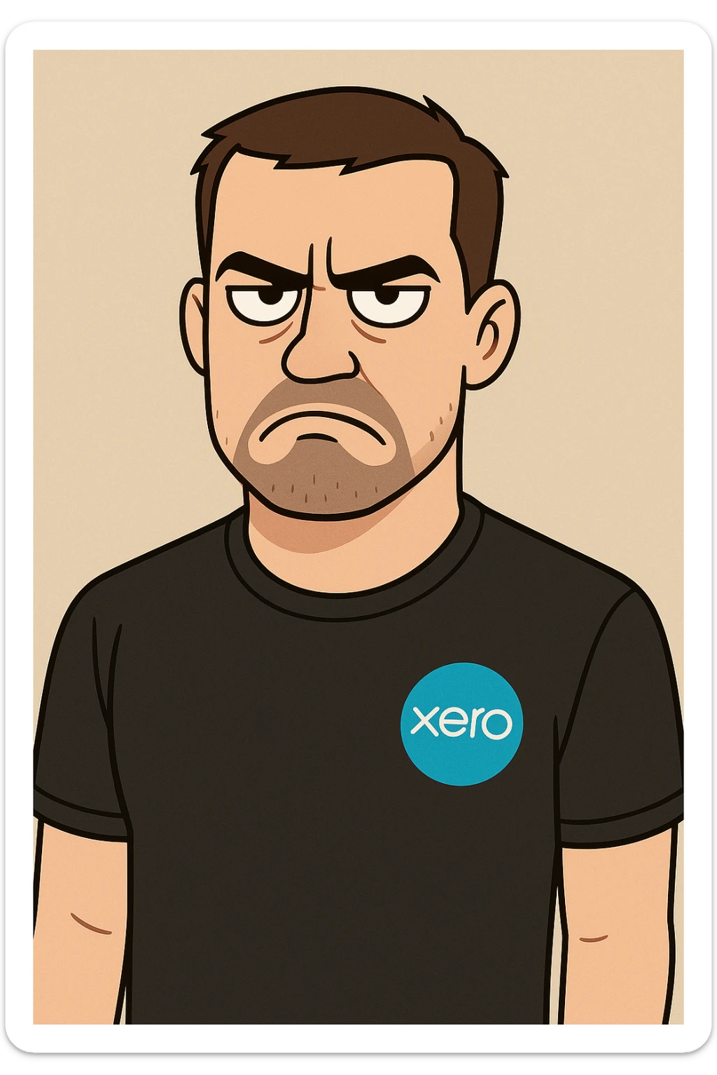 Create a cartoon style image of a man with short brown hair, wearing a black Xero t-shirt, with a not amused expression. Use a simple background. sticker