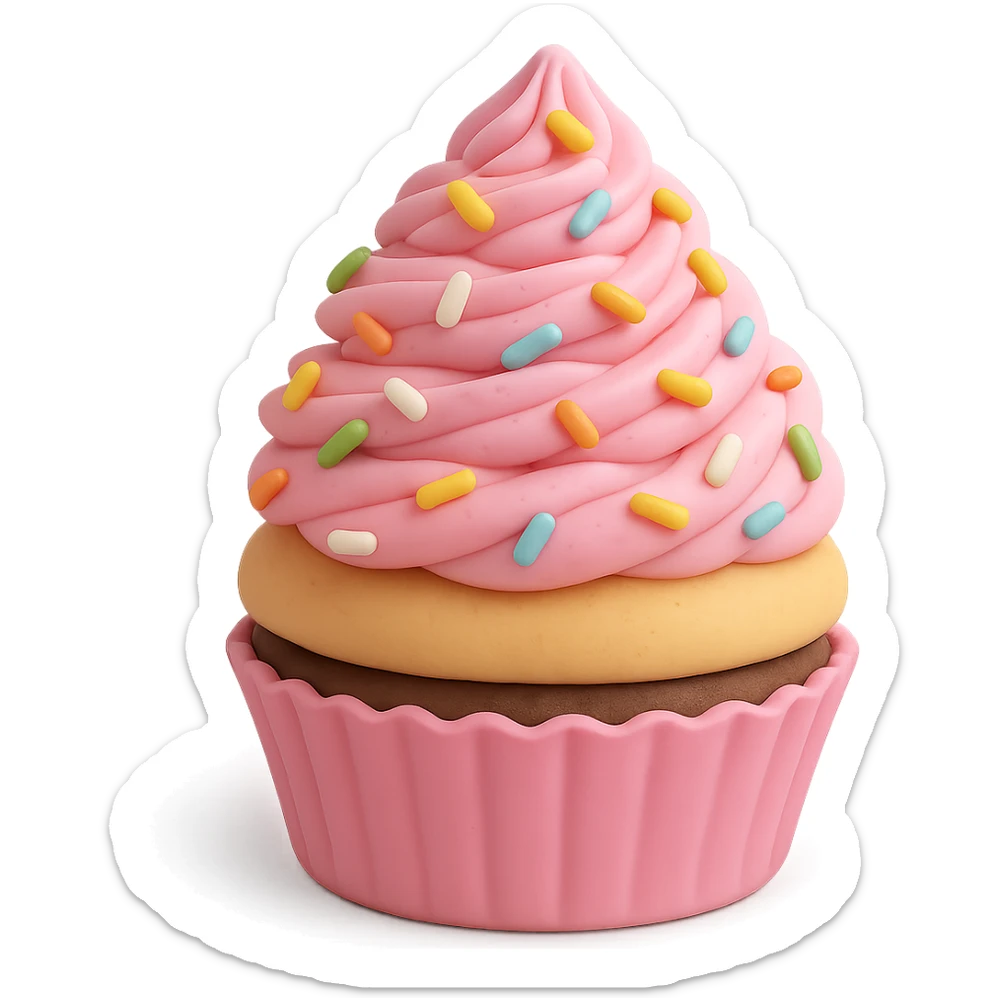 Add colorful sprinkles to the pink icing, keep the fondant cake art style and transparent background. sticker