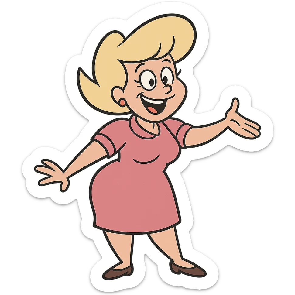 Bunny Bravo from Johnny Bravo, Johnny's mom, cheerful woman with blonde hair, pink dress, cartoon style sticker