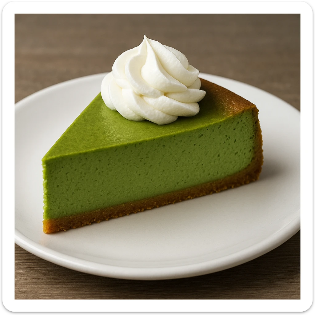 a slice of matcha cheesecake with a golden brown crust, green filling, and a dollop of whipped cream sticker