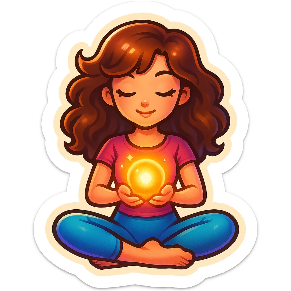 detailed, cute, feminine girl in lotus pose holding glowing energy orb, retro stickers style with shadows and highlights, transparent background sticker