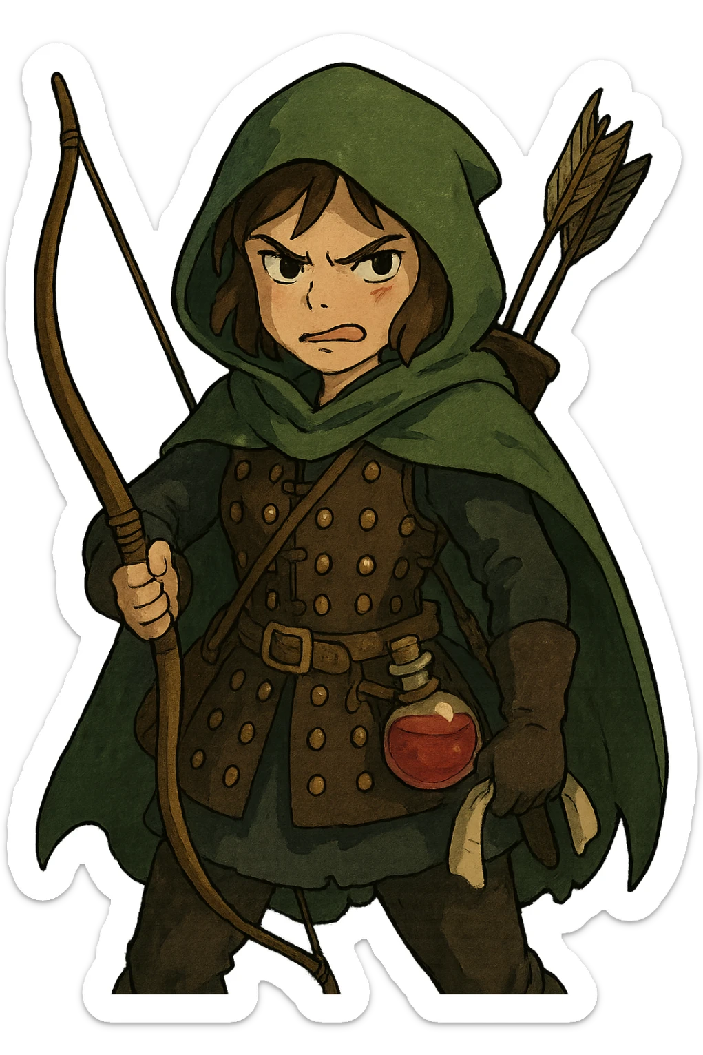 A female rouge , colored hood, wearing brigandine armor with, bow and arrow at the ready, night time shadows, tool belt with red potion and bandages, mischievous frown,  anger sticker