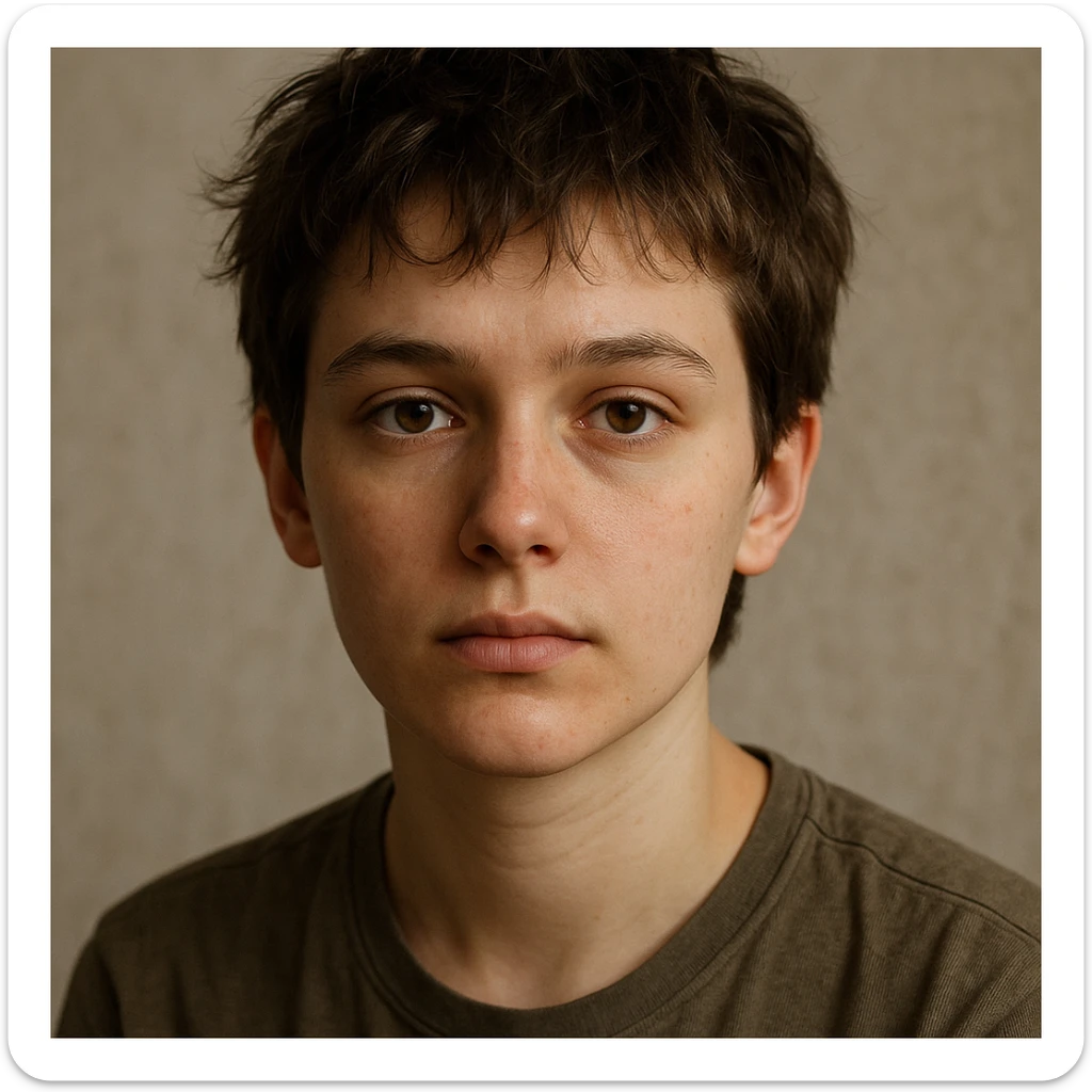 realistic portrait of a young person with short tousled brown hair, light skin, neutral expression, inspired by the reference image sticker