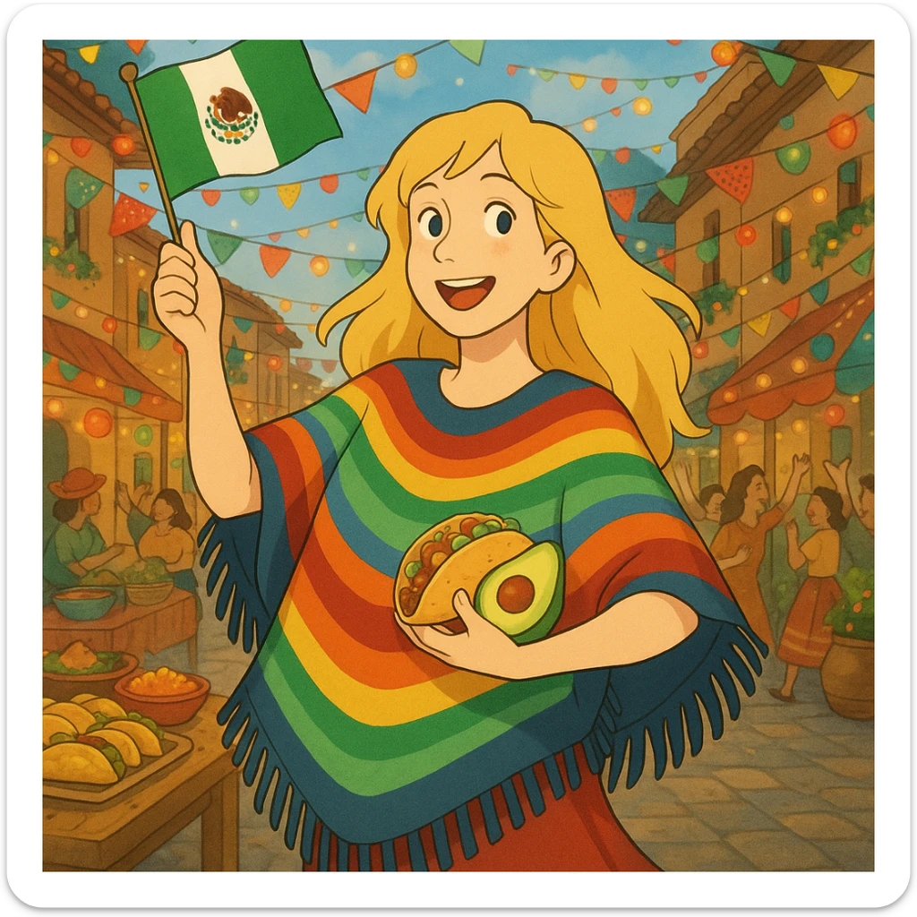 cartoon of a tall blonde woman in a colorful poncho, smiling, holding a taco and avocado, waving a Mexico flag, dancing in a festive street party background with food and decorations sticker